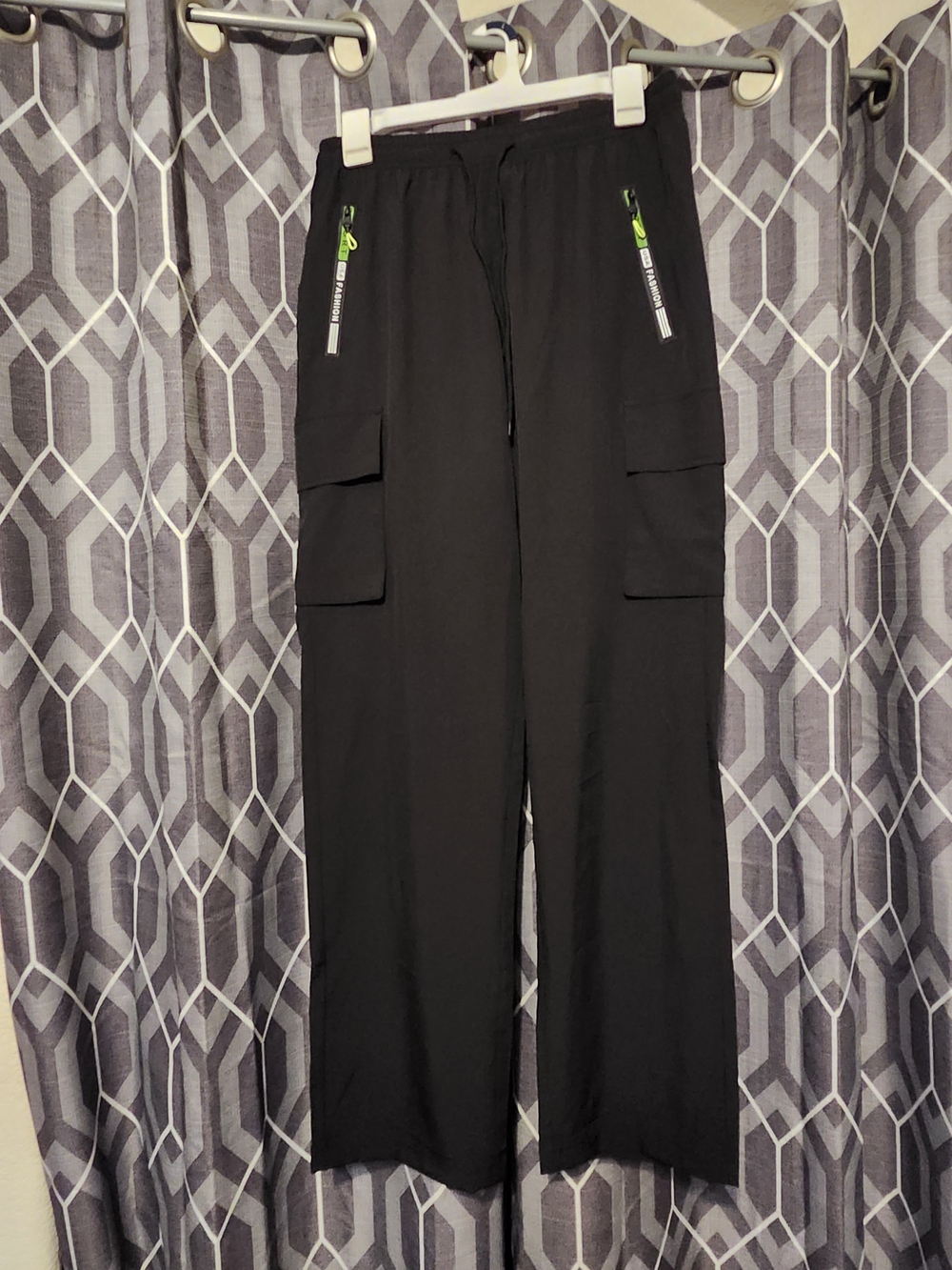 Black Wide-Leg Cargo Pants with Neon Zip Accents